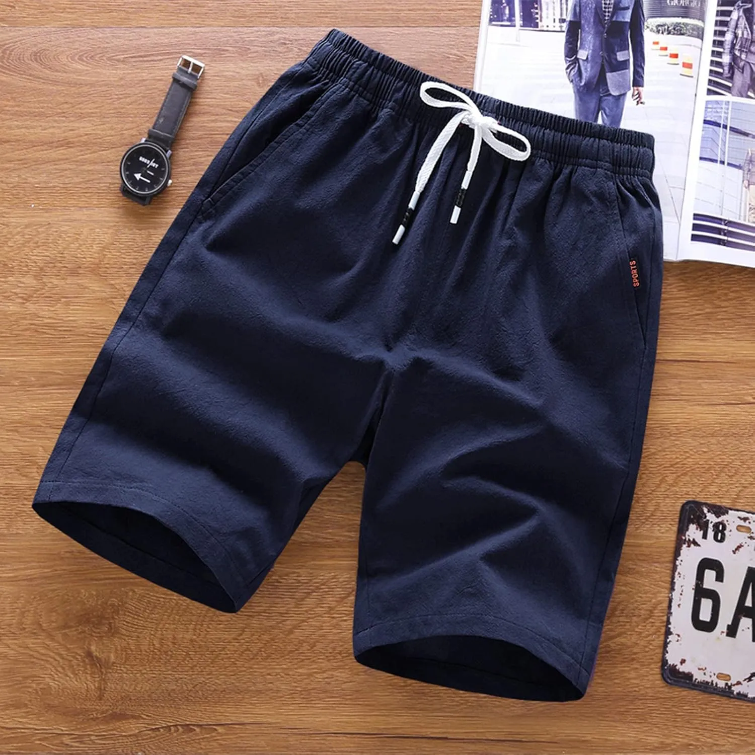 Cotton Summer Shorts for Men Drawstring Casual Beach Shorts Outdoor Fashion Stretch Chino Short Slim-Fit with Pocket