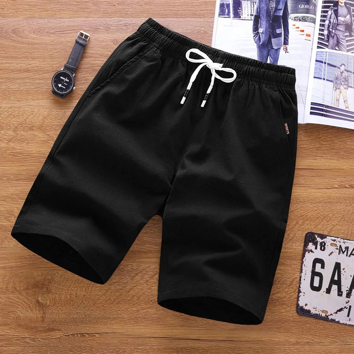 Cotton Summer Shorts for Men Drawstring Casual Beach Shorts Outdoor Fashion Stretch Chino Short Slim-Fit with Pocket