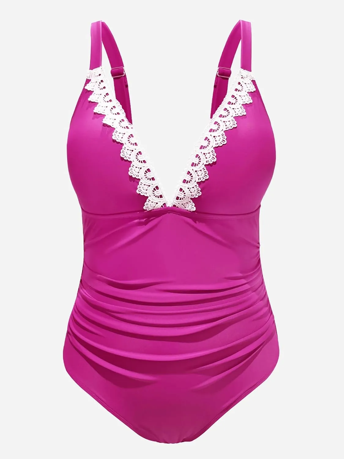 CUPSHE Women Swimsuit Plus Size One Piece Lace V Neck Ruched Front Tummy Control with Adjustable Wide Straps