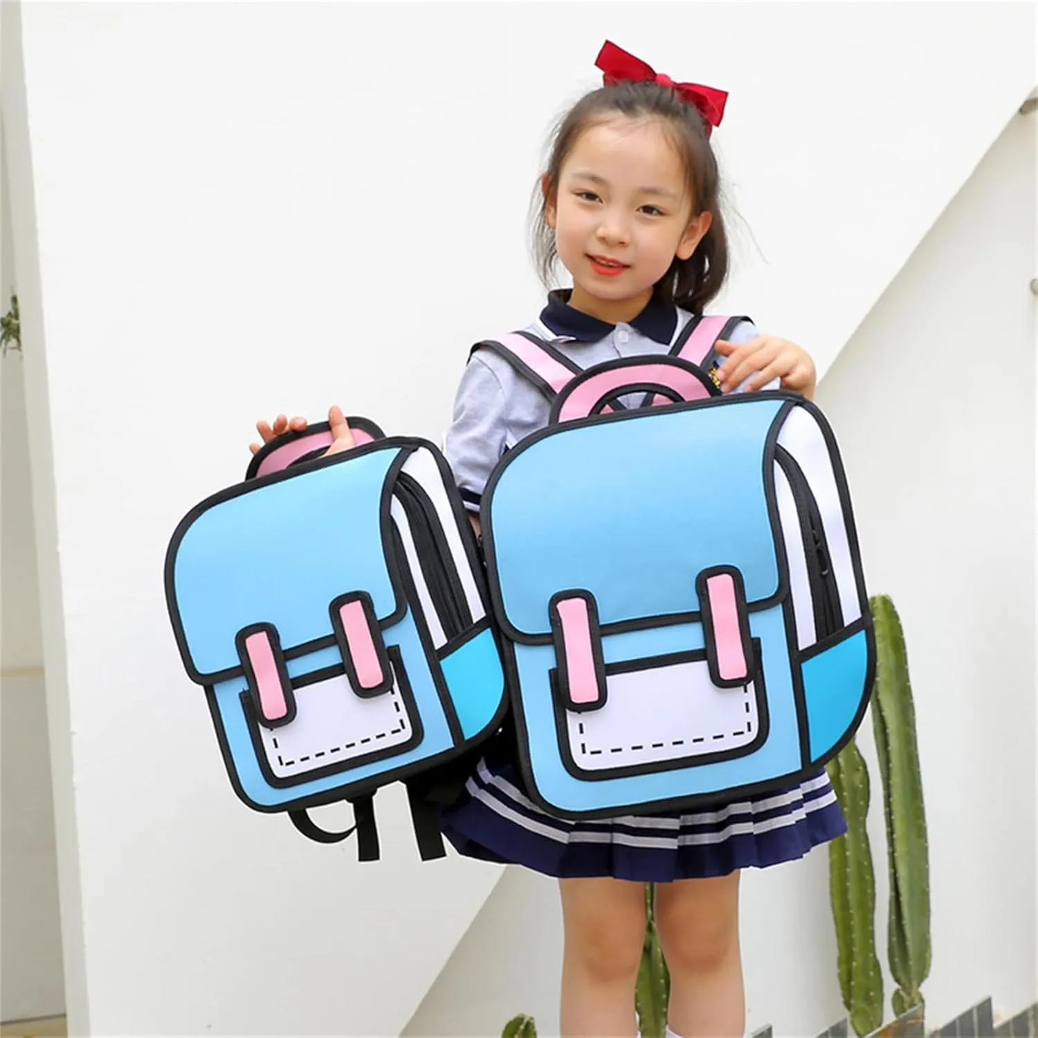 Cute Kids Cartoon Backpack for Boys and Girls, Toddler 2D Drawing Style Comic Fun weird School Pack Bag, Children Jump From Paper Anime Funny Bookbag (Light Blue)