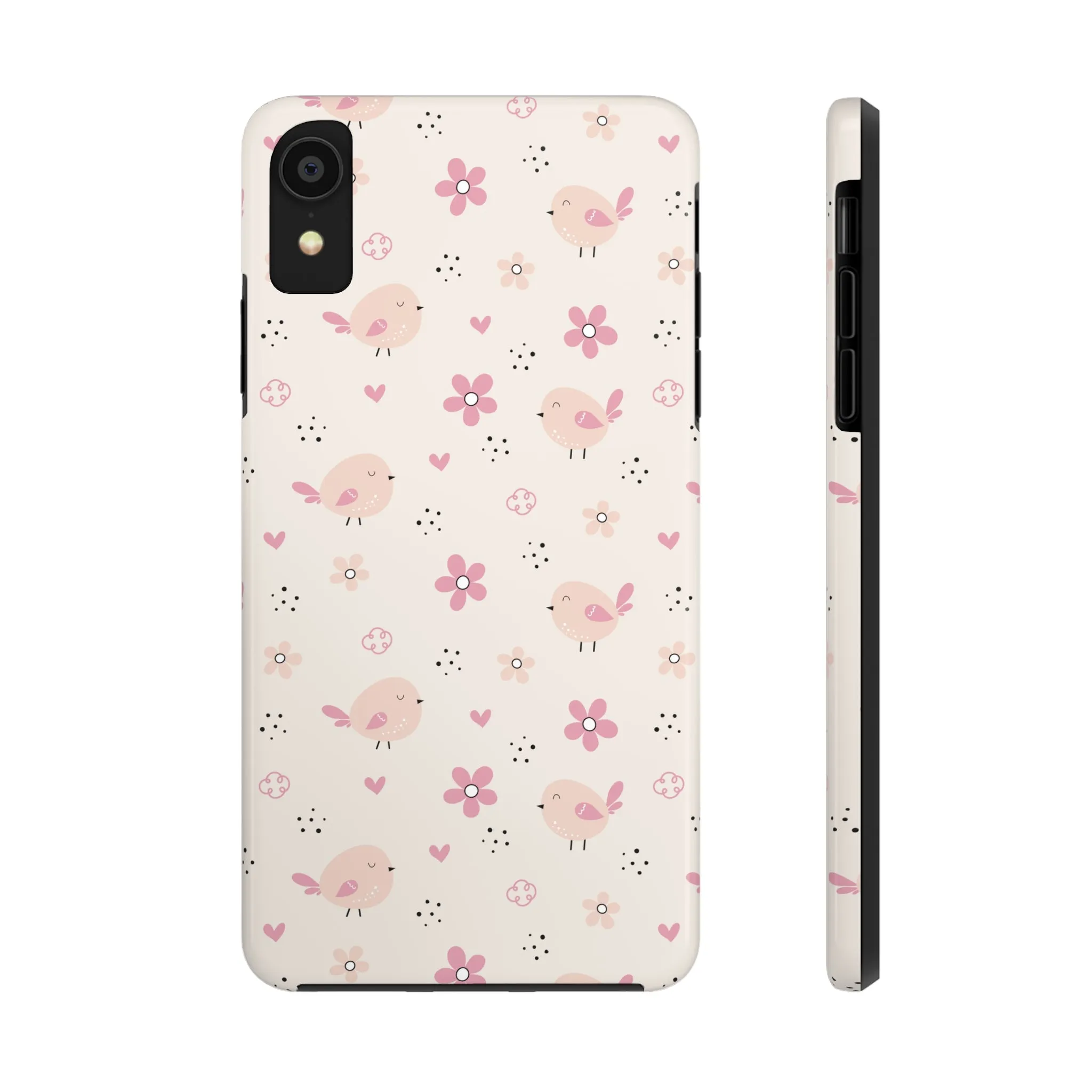 Cute Pink Birds and Flowers print design Tough Phone Case compatible with a large variety of iphone models