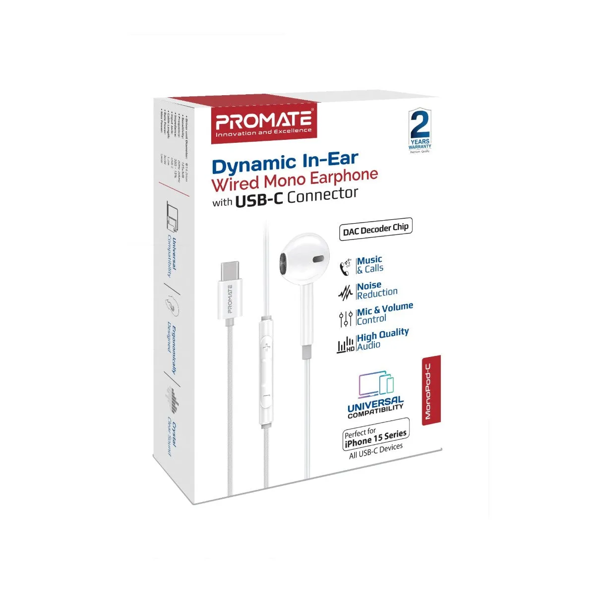 Dynamic In-Ear Wired Mono Earphone with USB-C Connector
