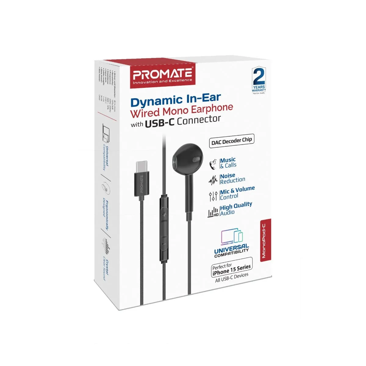 Dynamic In-Ear Wired Mono Earphone with USB-C Connector