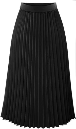 Elegant Solid Midi Skirt Waist Elastic Pleated Womens Maxi Skirt Long Work Skirts for Women Black