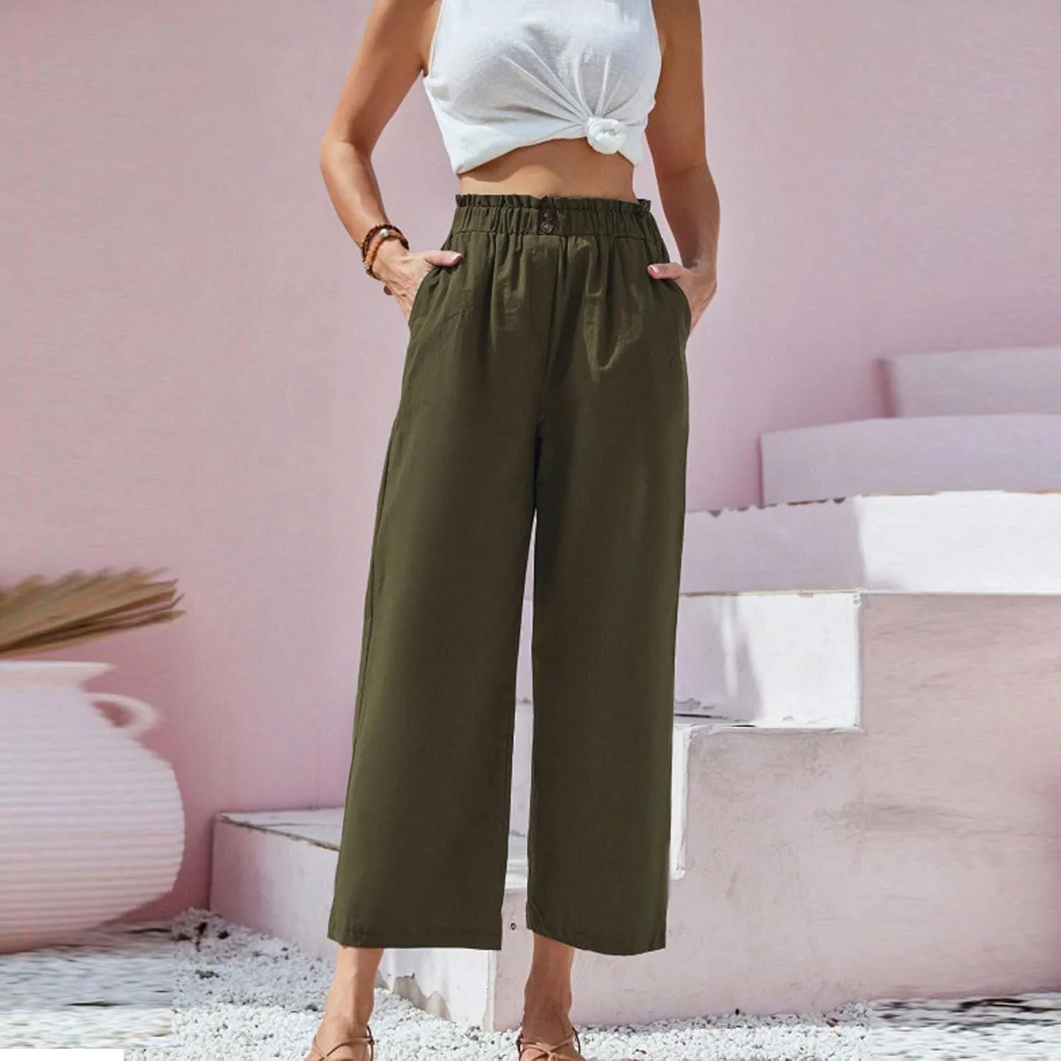 eoeioa Cropped Linen Pants Women Button Fly Elastic Waist Beach Pants Summer Baggy Comfy Flowy Ankle Pant with Pockets