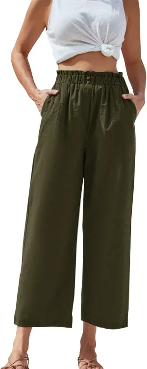 eoeioa Cropped Linen Pants Women Button Fly Elastic Waist Beach Pants Summer Baggy Comfy Flowy Ankle Pant with Pockets
