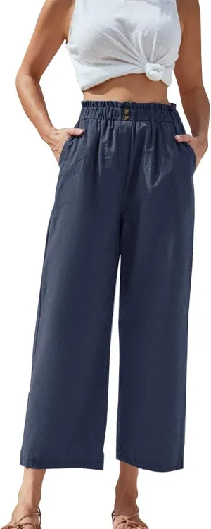 eoeioa Cropped Linen Pants Women Button Fly Elastic Waist Beach Pants Summer Baggy Comfy Flowy Ankle Pant with Pockets