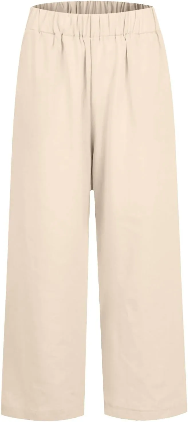 eoeioa Gauze Pants for Women Casual Summer Elastic Waist Ankle Pants Casual Baggy Comfy Beach Trouser with Pockets