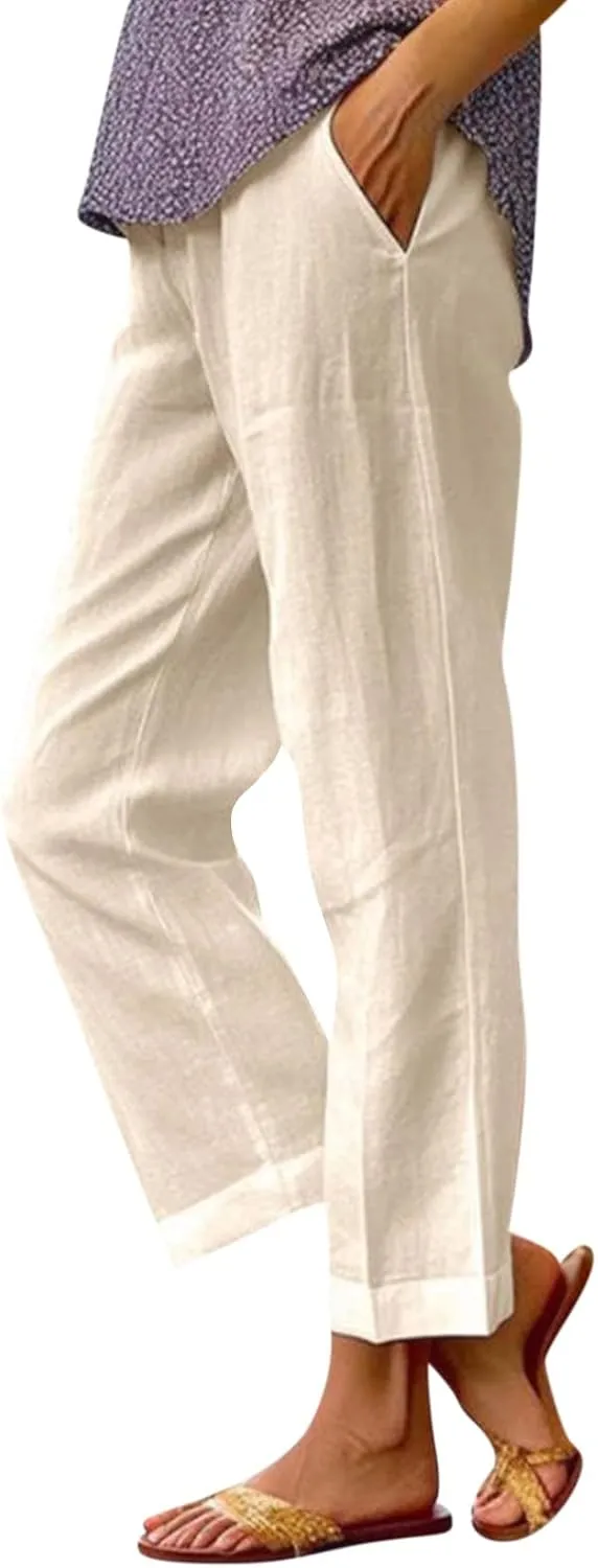 eoeioa Gauze Pants for Women Casual Summer Elastic Waist Ankle Pants Casual Baggy Comfy Beach Trouser with Pockets