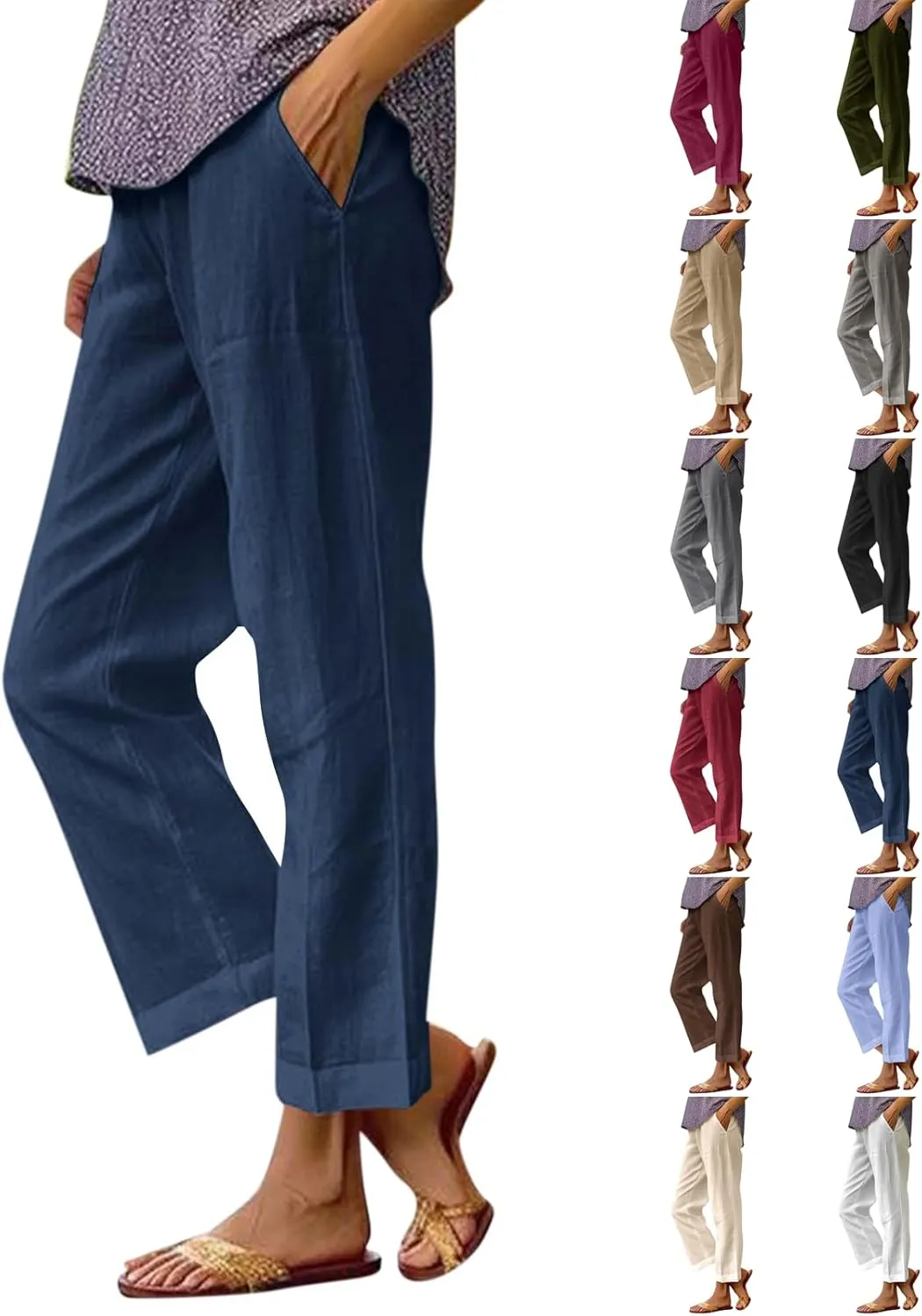 eoeioa Gauze Pants for Women Casual Summer Elastic Waist Ankle Pants Casual Baggy Comfy Beach Trouser with Pockets