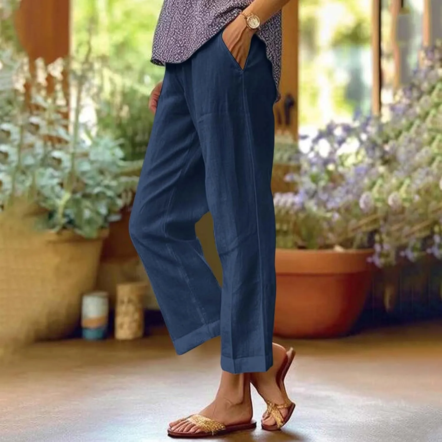 eoeioa Gauze Pants for Women Casual Summer Elastic Waist Ankle Pants Casual Baggy Comfy Beach Trouser with Pockets