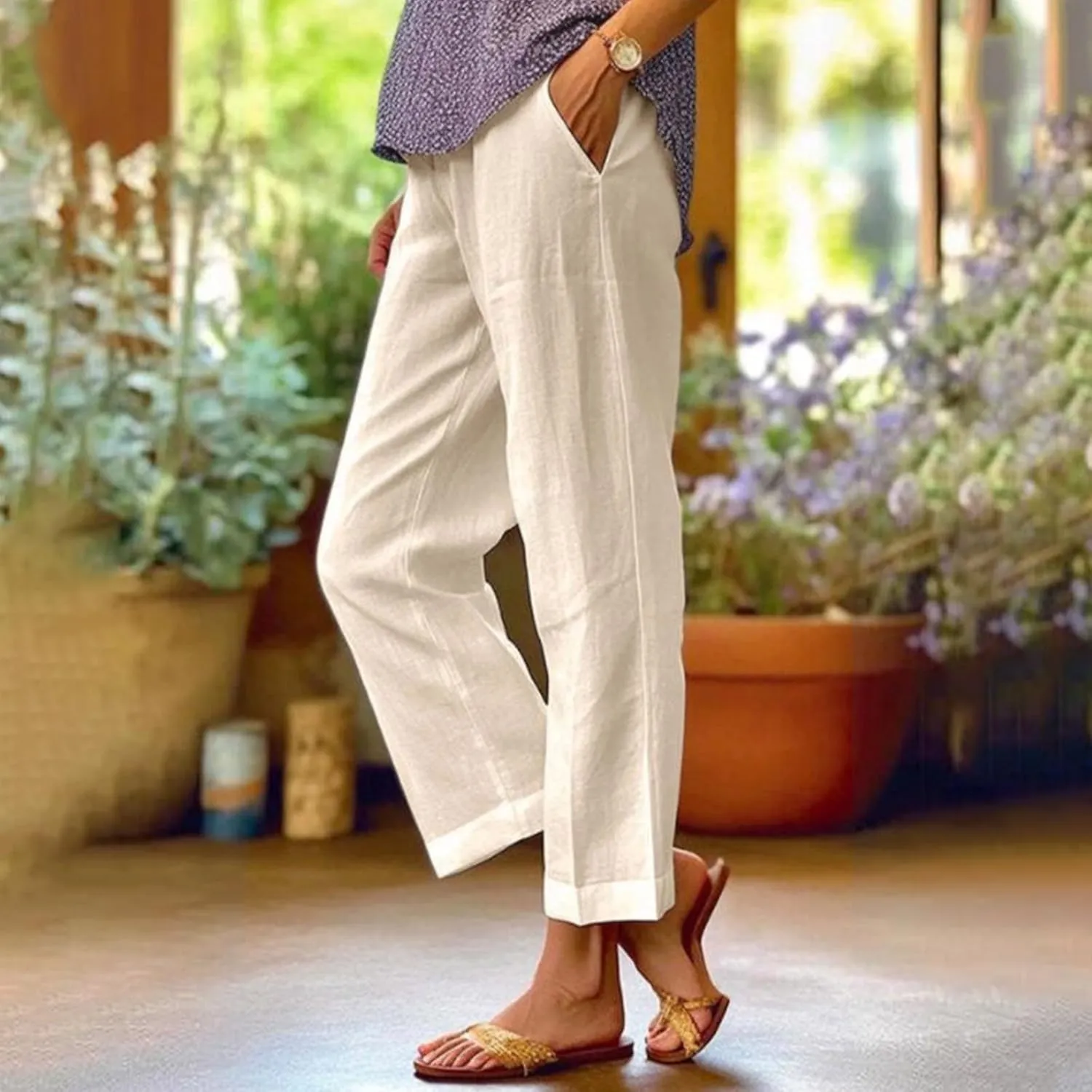 eoeioa Gauze Pants for Women Casual Summer Elastic Waist Ankle Pants Casual Baggy Comfy Beach Trouser with Pockets