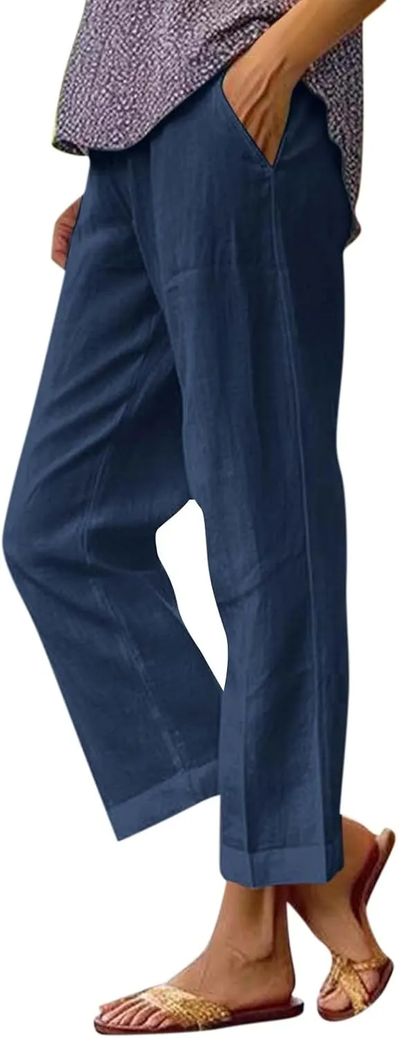 eoeioa Gauze Pants for Women Casual Summer Elastic Waist Ankle Pants Casual Baggy Comfy Beach Trouser with Pockets
