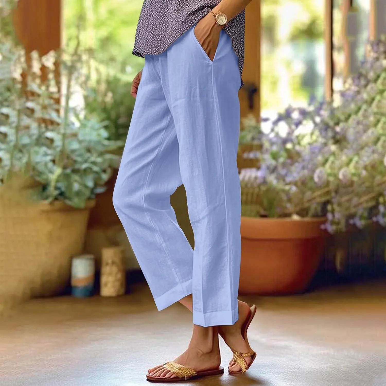 eoeioa Linen Ankle Pants for Women Summer Elastic High Waisted Cropped Pants Casual Lightweight Linen Pant with Pockets