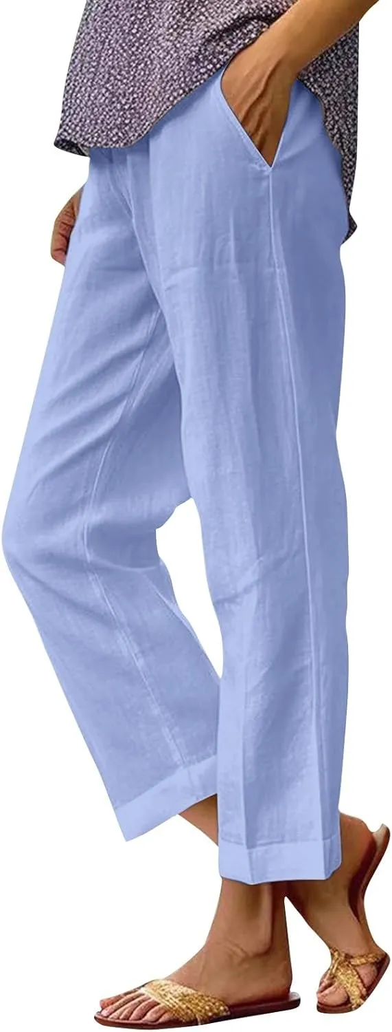eoeioa Linen Ankle Pants for Women Summer Elastic High Waisted Cropped Pants Casual Lightweight Linen Pant with Pockets