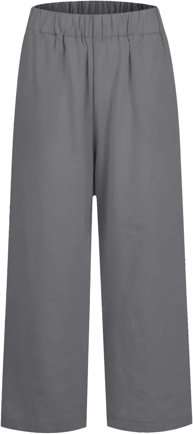 eoeioa Linen Ankle Pants for Women Summer Elastic High Waisted Cropped Pants Casual Lightweight Linen Pant with Pockets