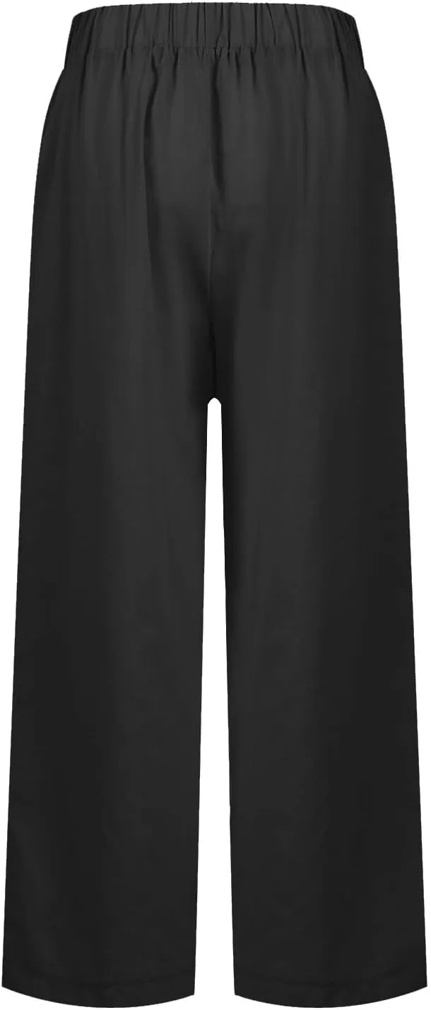 eoeioa Linen Ankle Pants for Women Summer Elastic High Waisted Cropped Pants Casual Lightweight Linen Pant with Pockets