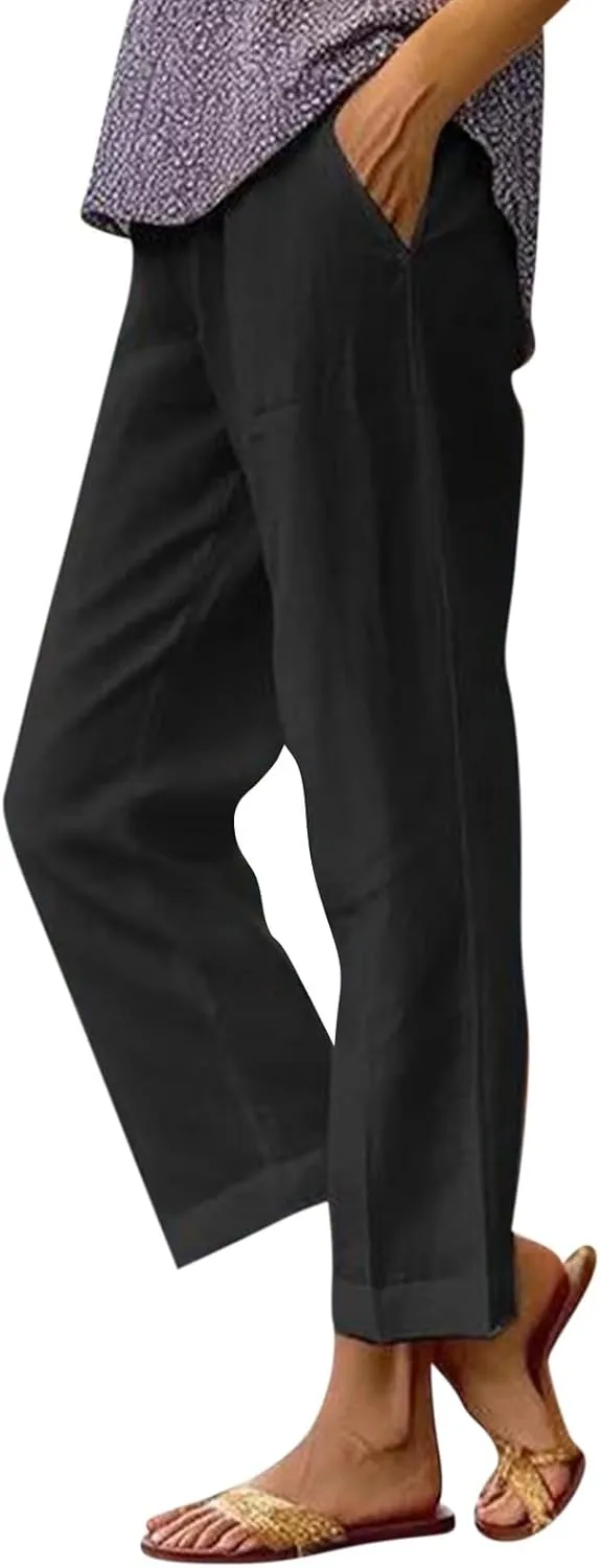eoeioa Linen Ankle Pants for Women Summer Elastic High Waisted Cropped Pants Casual Lightweight Linen Pant with Pockets