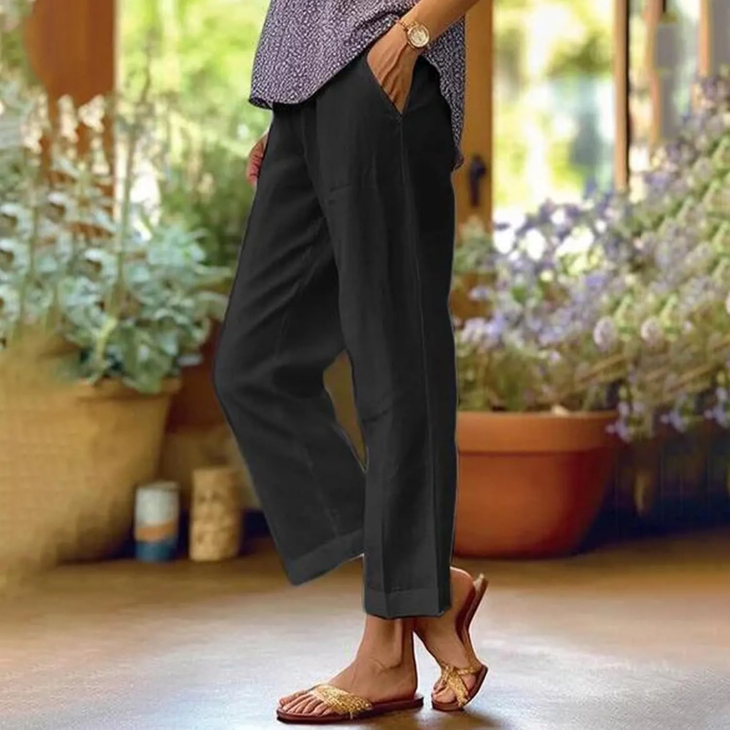 eoeioa Linen Ankle Pants for Women Summer Elastic High Waisted Cropped Pants Casual Lightweight Linen Pant with Pockets