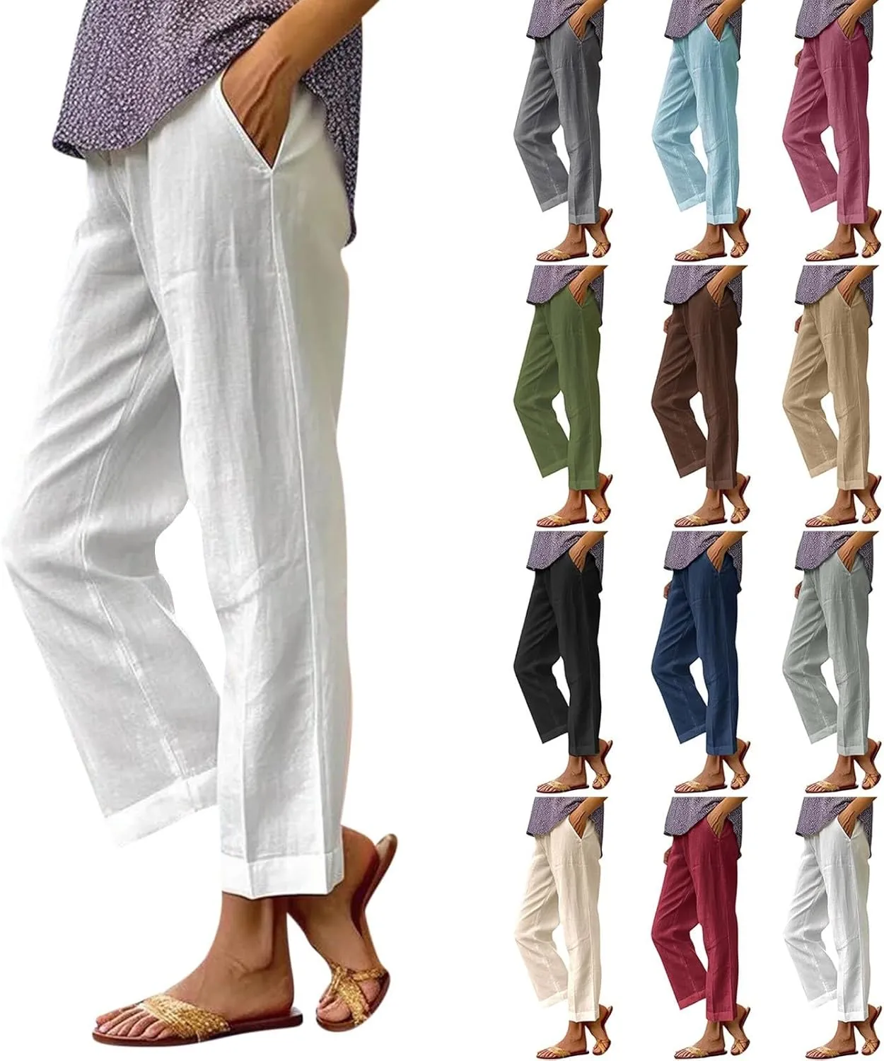 eoeioa Linen Ankle Pants for Women Summer Elastic High Waisted Cropped Pants Casual Lightweight Linen Pant with Pockets