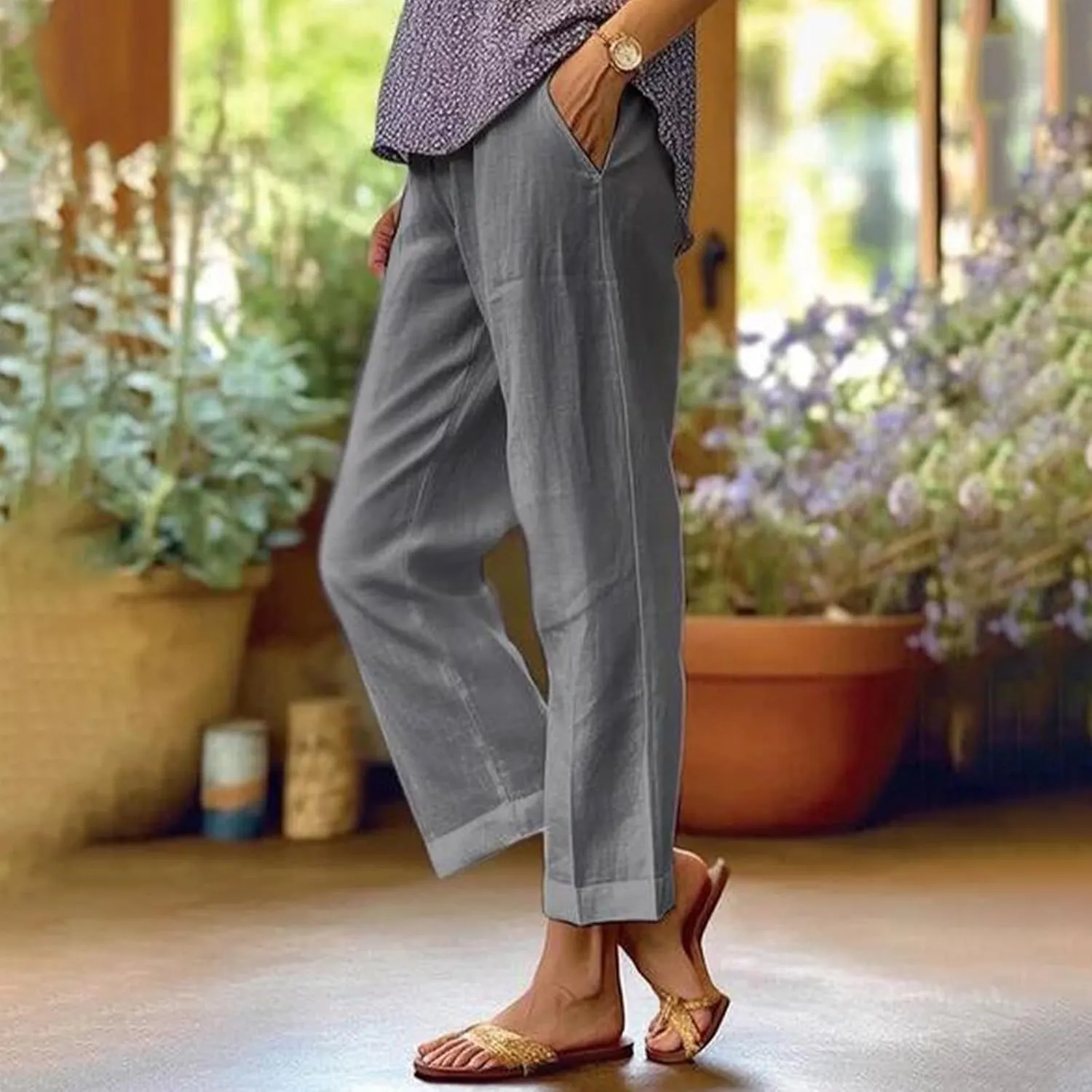 eoeioa Linen Ankle Pants for Women Summer Elastic High Waisted Cropped Pants Casual Lightweight Linen Pant with Pockets