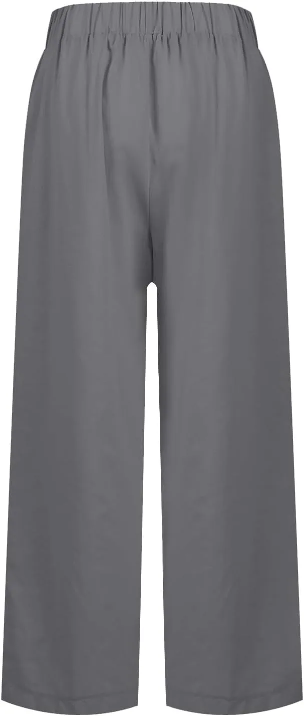 eoeioa Linen Ankle Pants for Women Summer Elastic High Waisted Cropped Pants Casual Lightweight Linen Pant with Pockets