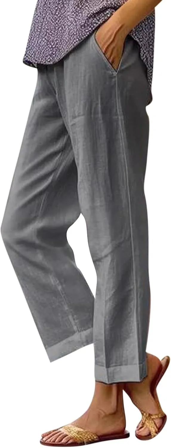 eoeioa Linen Ankle Pants for Women Summer Elastic High Waisted Cropped Pants Casual Lightweight Linen Pant with Pockets