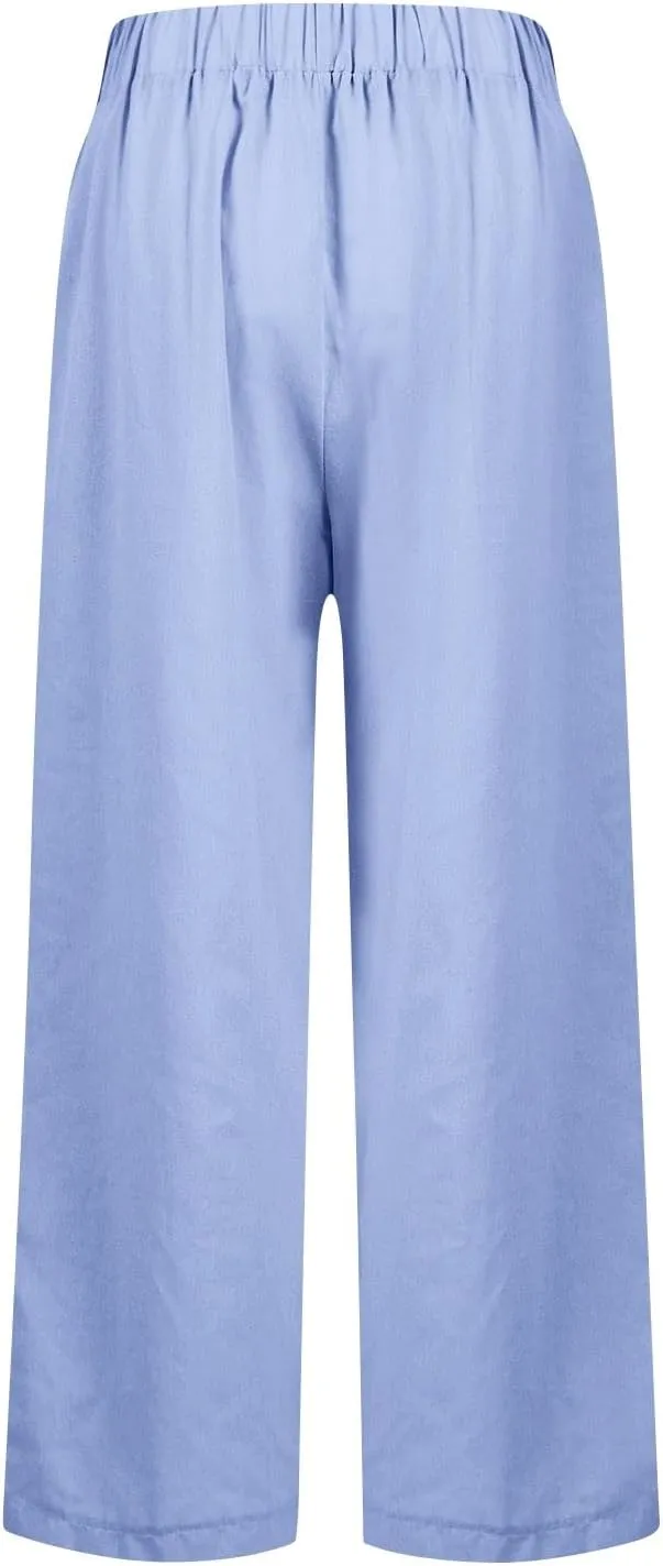 eoeioa Linen Ankle Pants for Women Summer Elastic High Waisted Cropped Pants Casual Lightweight Linen Pant with Pockets