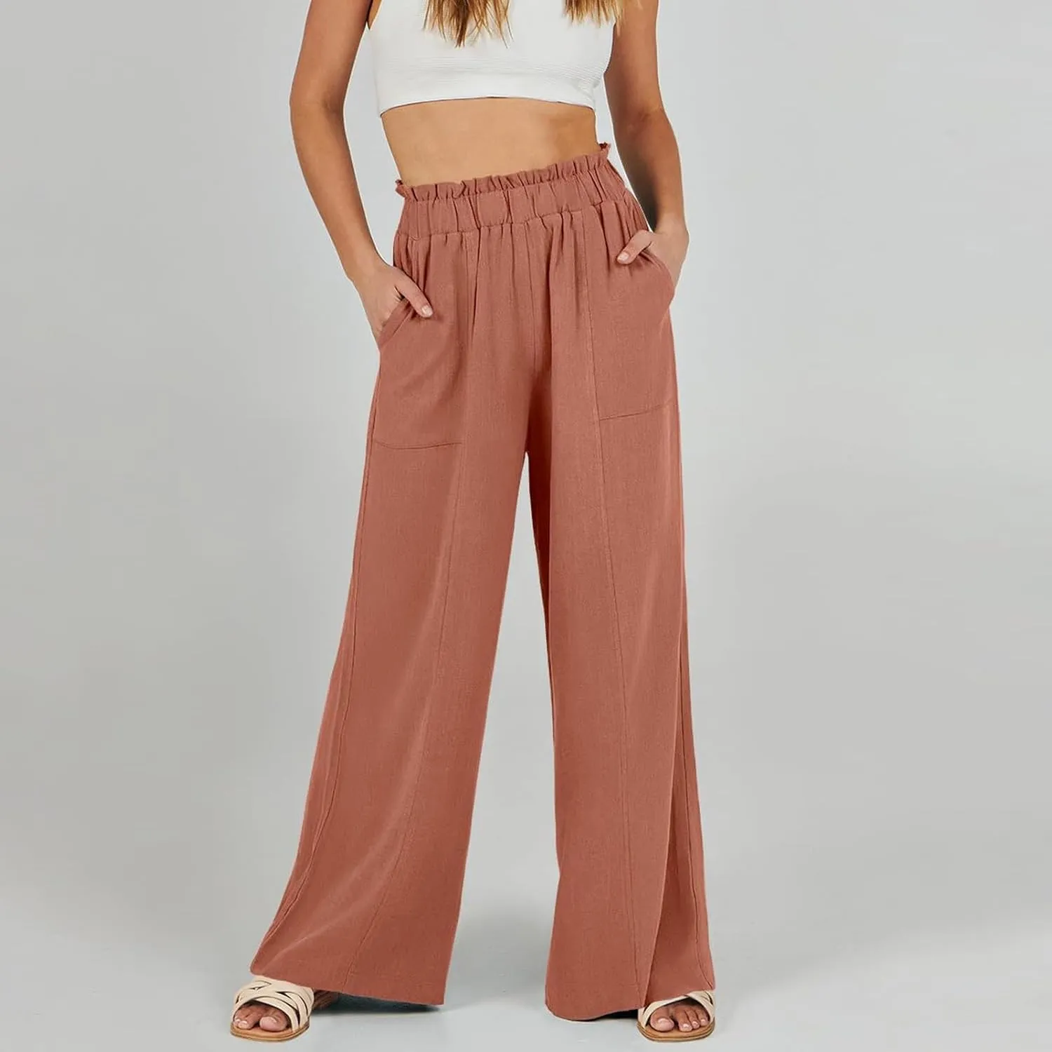 eoeioa Linen Lounge Pants Women Baggy Elastic High Waisted Wide Leg Pants Summer Vacation Casual Beach Pant with Pockets