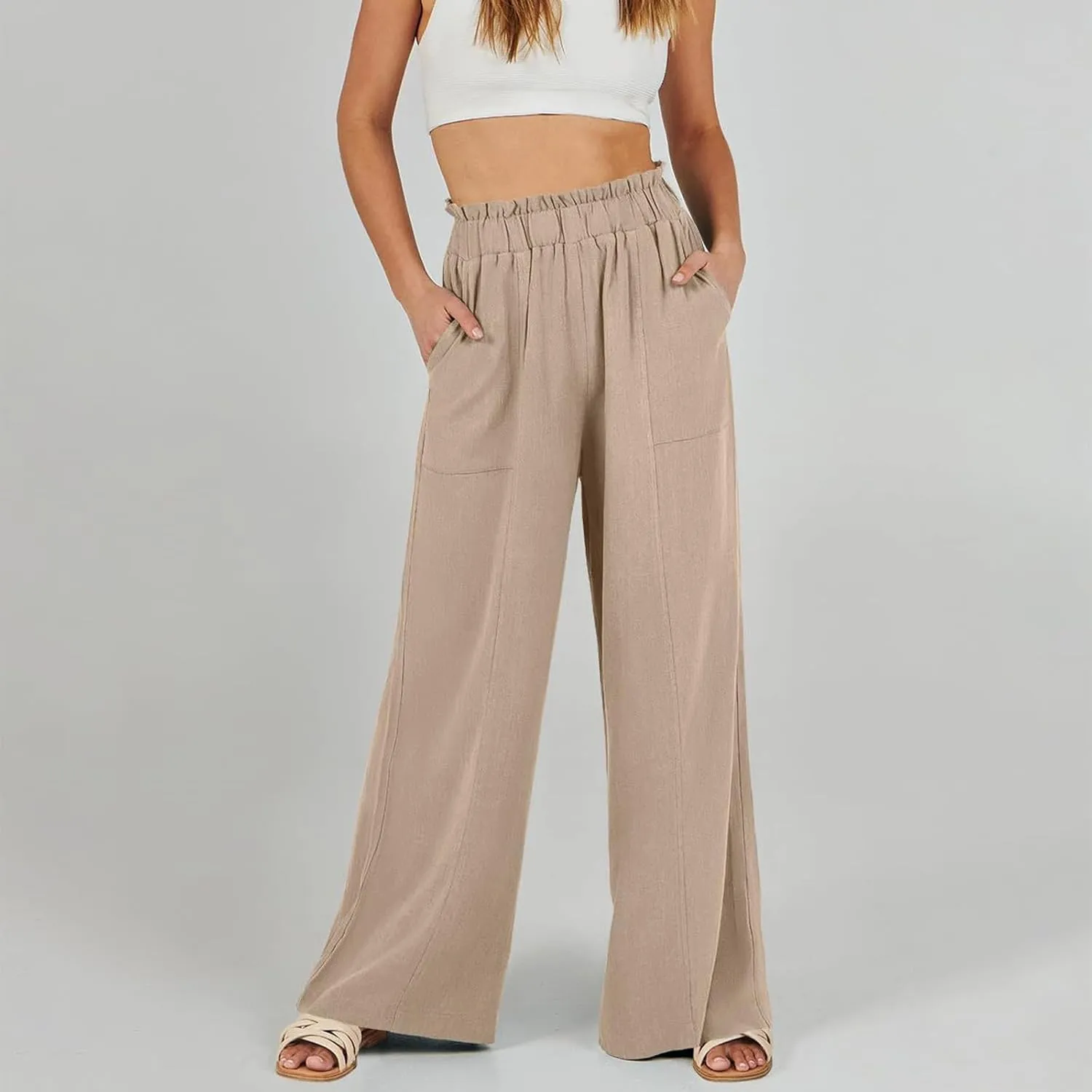 eoeioa Linen Lounge Pants Women Baggy Elastic High Waisted Wide Leg Pants Summer Vacation Casual Beach Pant with Pockets