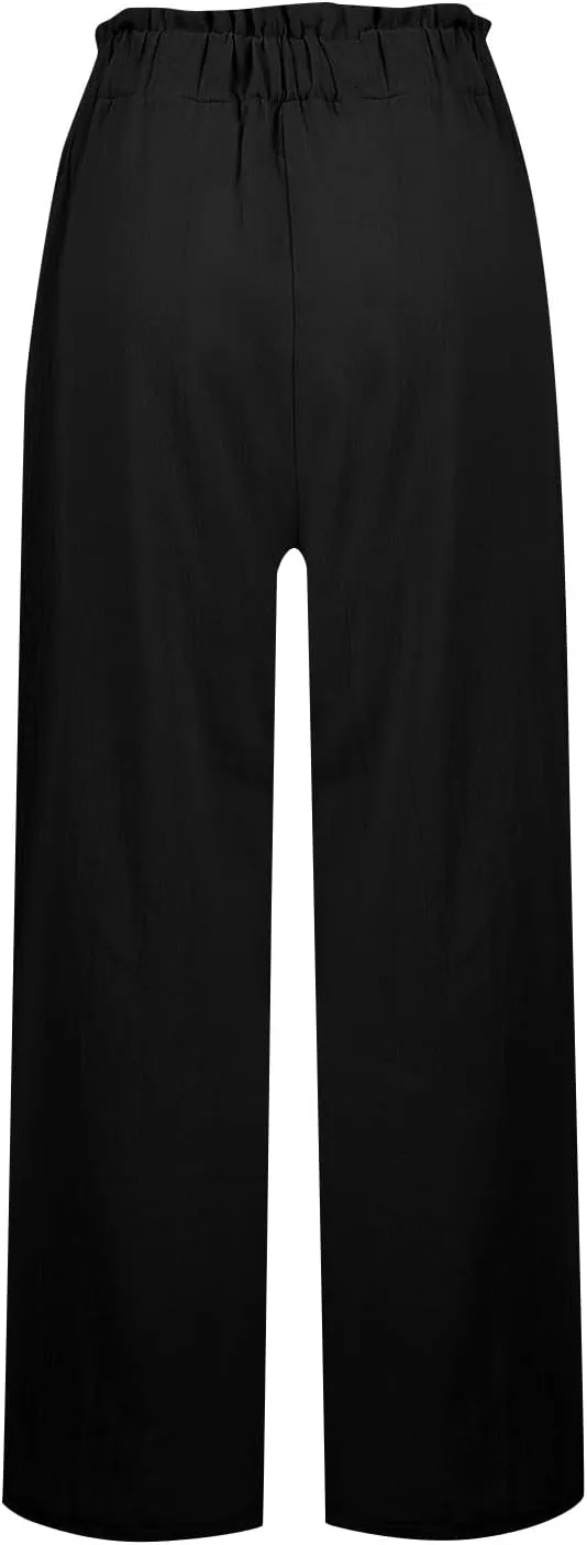eoeioa Linen Lounge Pants Women Baggy Elastic High Waisted Wide Leg Pants Summer Vacation Casual Beach Pant with Pockets