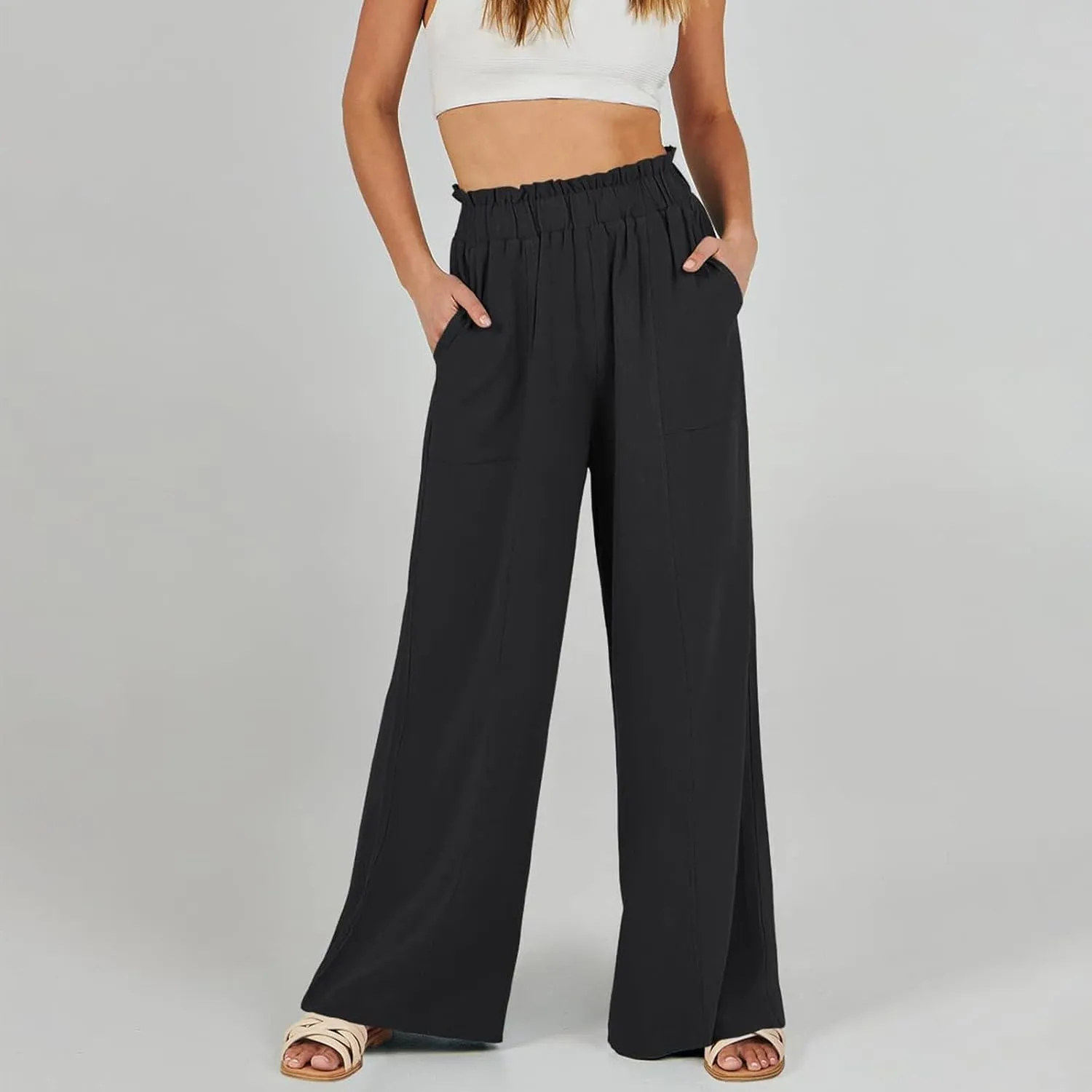 eoeioa Linen Lounge Pants Women Baggy Elastic High Waisted Wide Leg Pants Summer Vacation Casual Beach Pant with Pockets