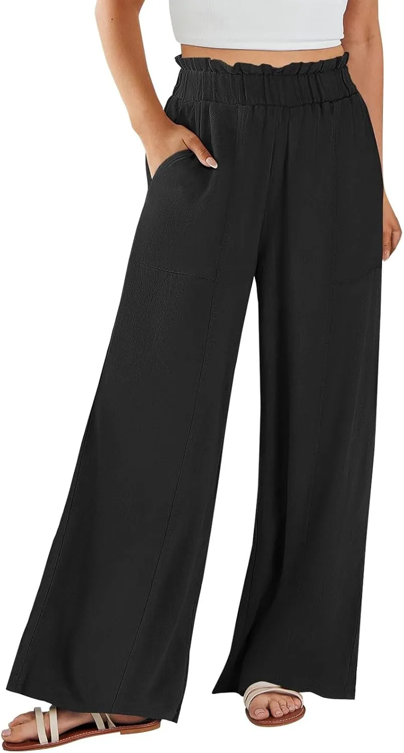 eoeioa Linen Lounge Pants Women Baggy Elastic High Waisted Wide Leg Pants Summer Vacation Casual Beach Pant with Pockets