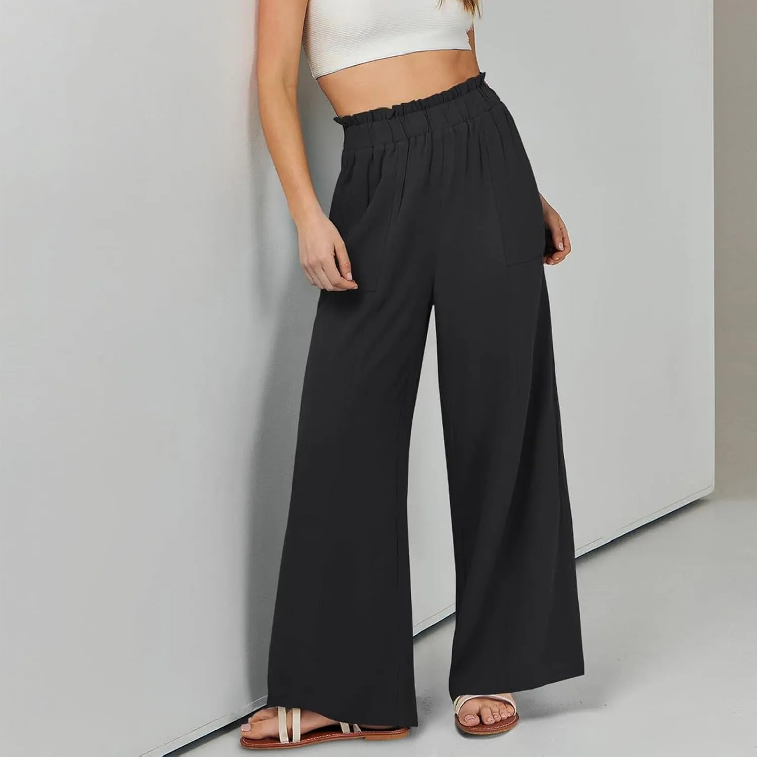 eoeioa Linen Lounge Pants Women Baggy Elastic High Waisted Wide Leg Pants Summer Vacation Casual Beach Pant with Pockets