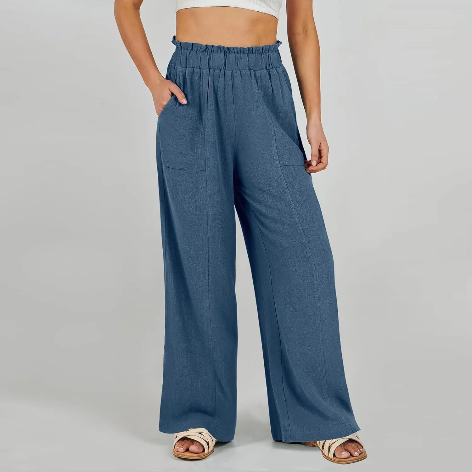 eoeioa Linen Lounge Pants Women Baggy Elastic High Waisted Wide Leg Pants Summer Vacation Casual Beach Pant with Pockets