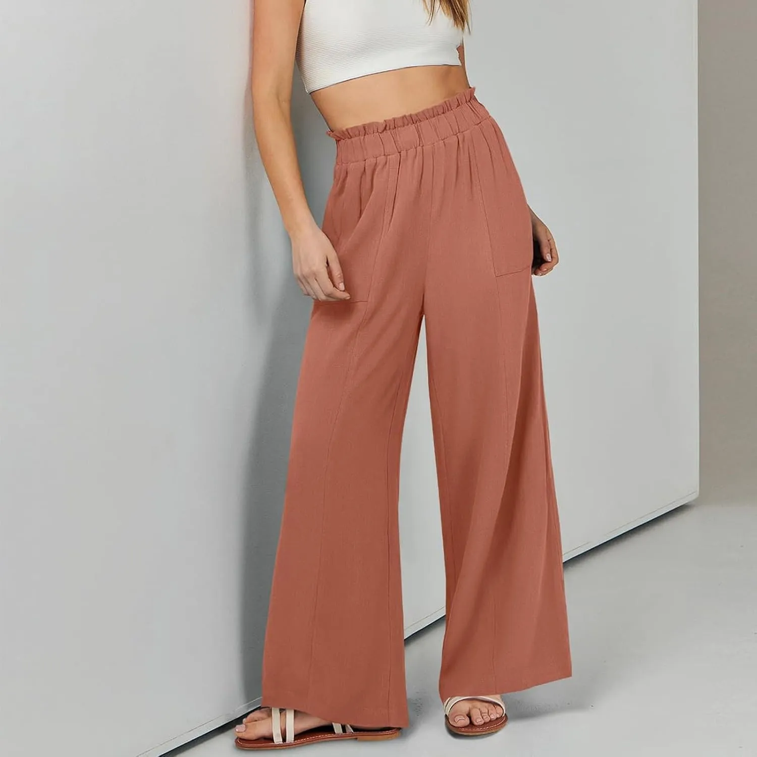 eoeioa Linen Lounge Pants Women Baggy Elastic High Waisted Wide Leg Pants Summer Vacation Casual Beach Pant with Pockets
