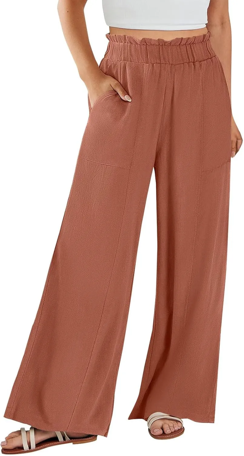 eoeioa Linen Lounge Pants Women Baggy Elastic High Waisted Wide Leg Pants Summer Vacation Casual Beach Pant with Pockets