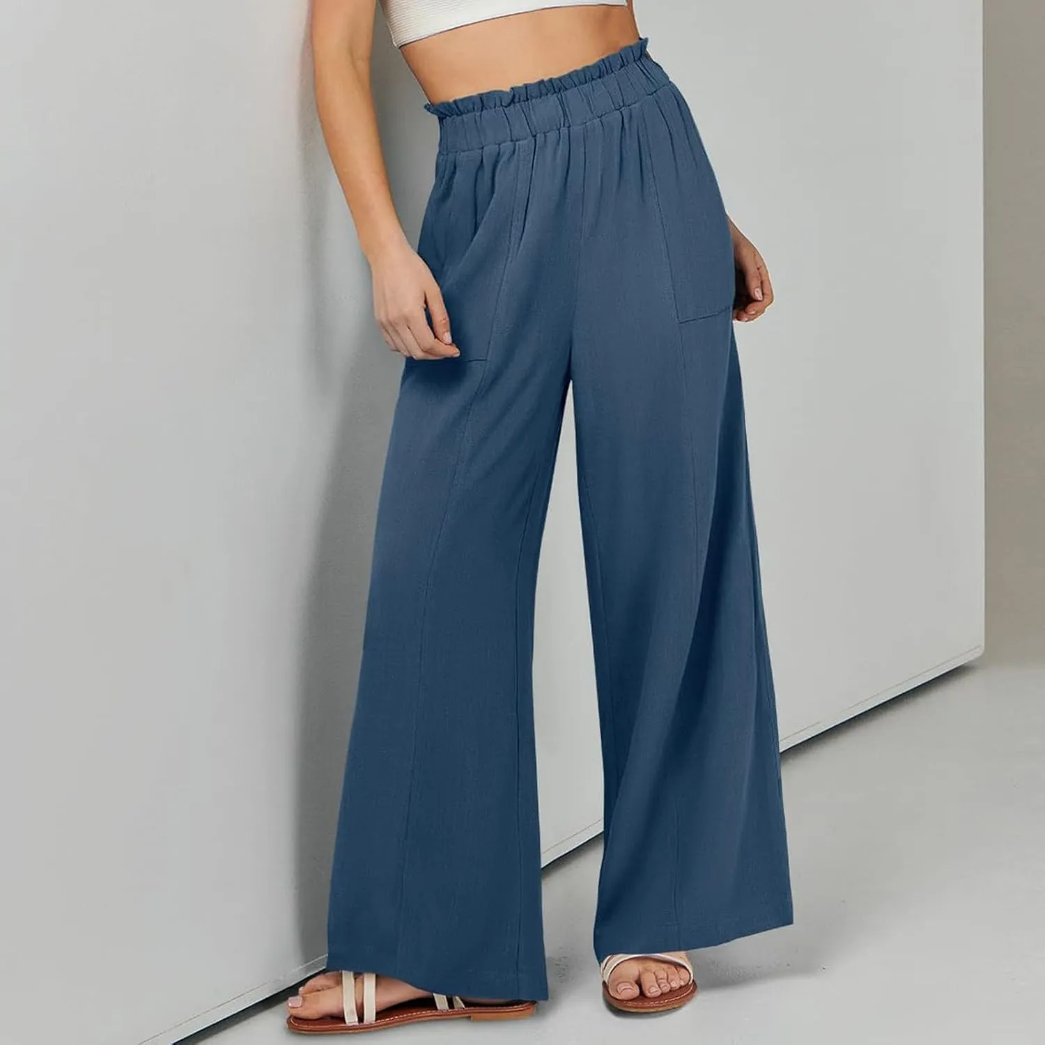 eoeioa Linen Lounge Pants Women Baggy Elastic High Waisted Wide Leg Pants Summer Vacation Casual Beach Pant with Pockets