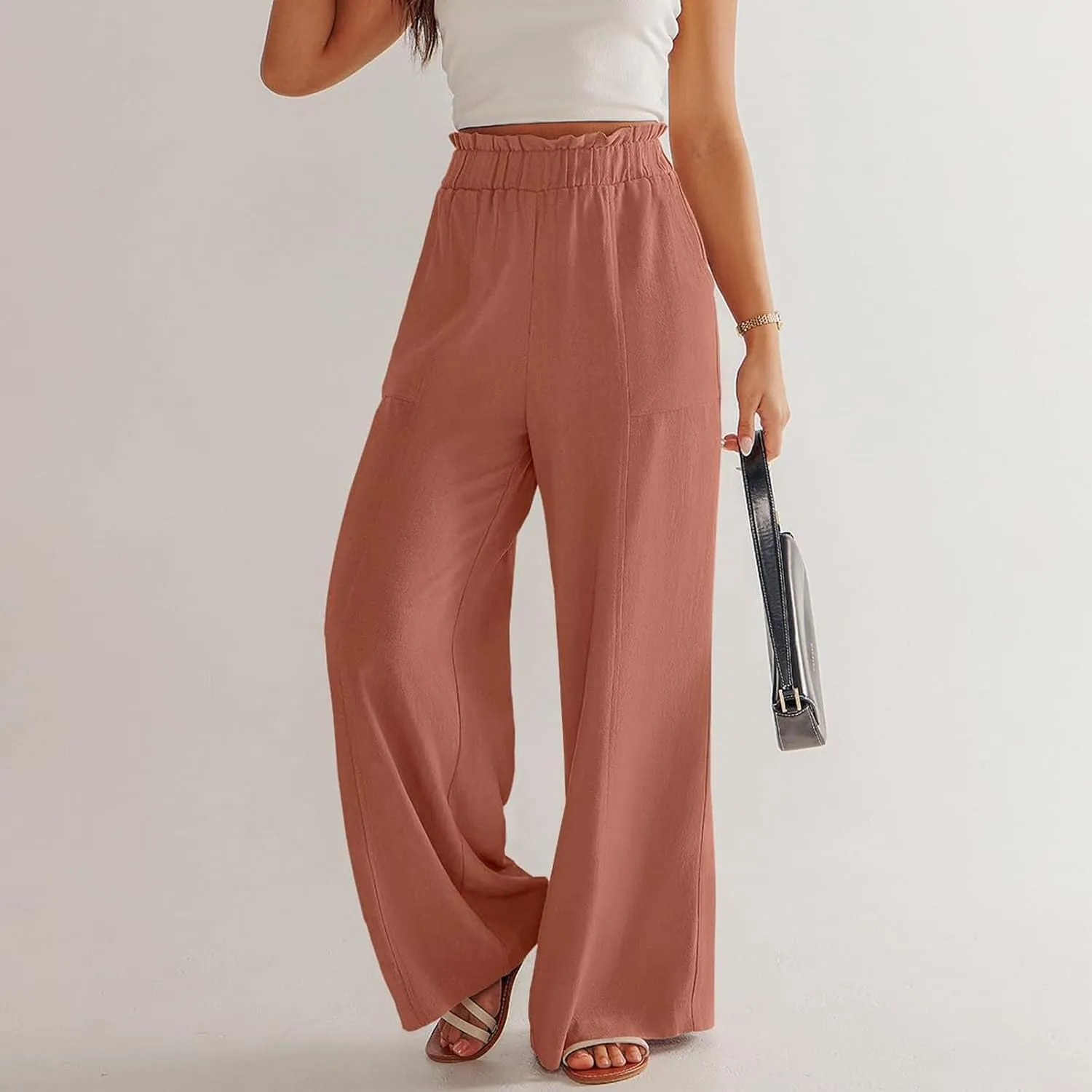 eoeioa Linen Lounge Pants Women Baggy Elastic High Waisted Wide Leg Pants Summer Vacation Casual Beach Pant with Pockets