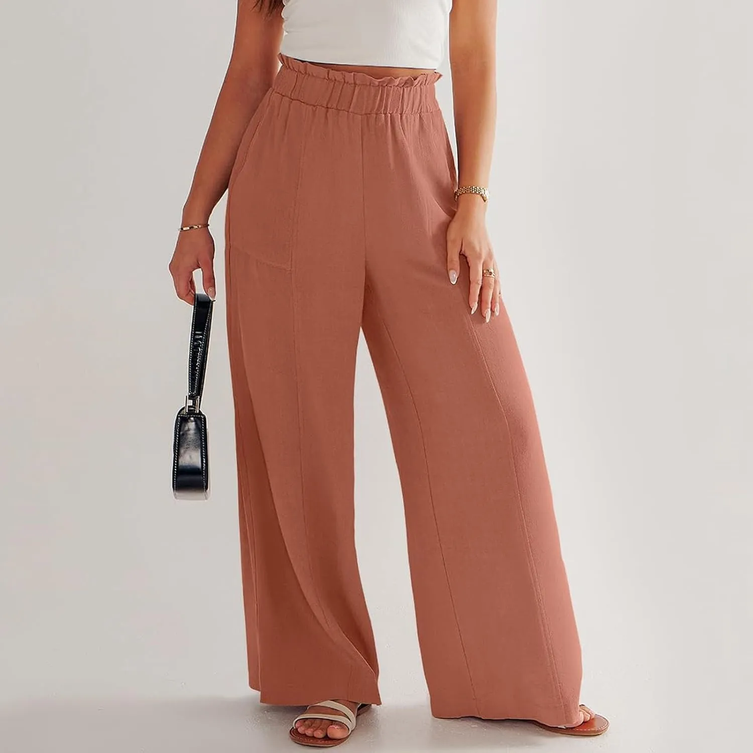 eoeioa Linen Lounge Pants Women Baggy Elastic High Waisted Wide Leg Pants Summer Vacation Casual Beach Pant with Pockets