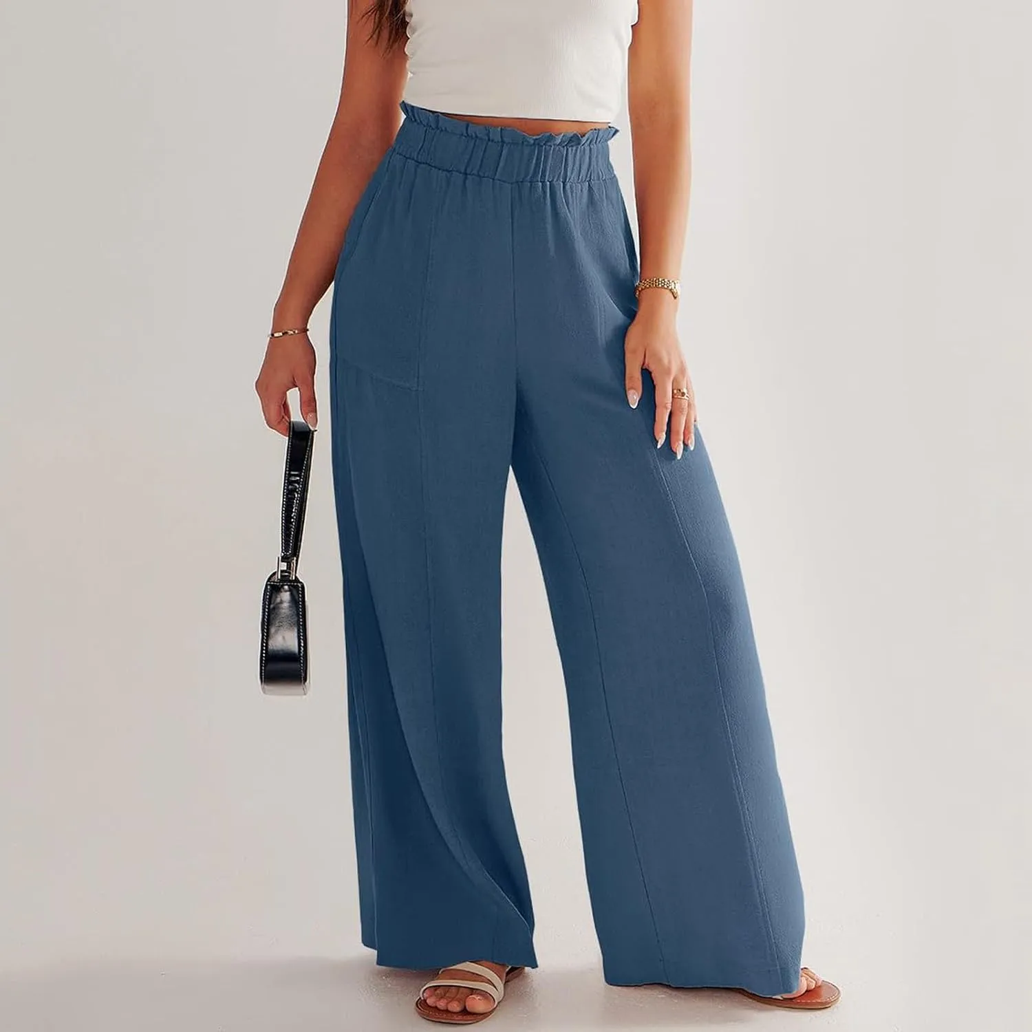 eoeioa Linen Lounge Pants Women Baggy Elastic High Waisted Wide Leg Pants Summer Vacation Casual Beach Pant with Pockets