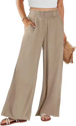 eoeioa Linen Lounge Pants Women Baggy Elastic High Waisted Wide Leg Pants Summer Vacation Casual Beach Pant with Pockets