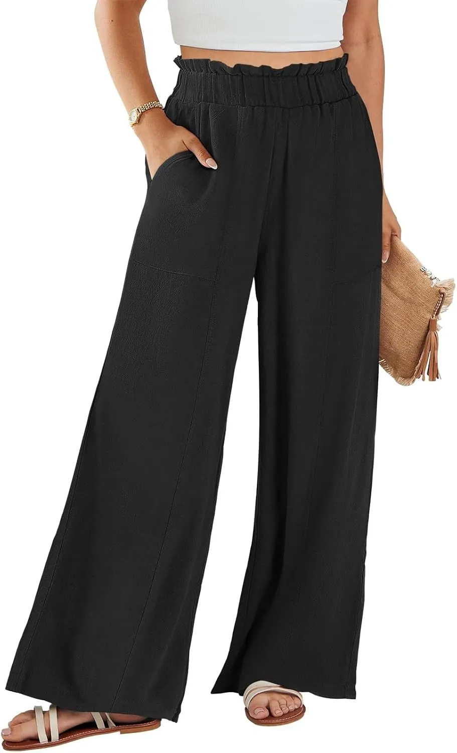 eoeioa Linen Lounge Pants Women Baggy Elastic High Waisted Wide Leg Pants Summer Vacation Casual Beach Pant with Pockets