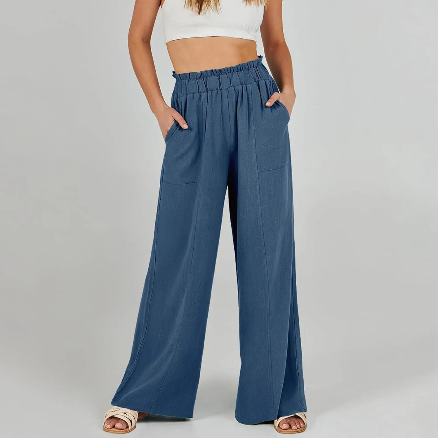 eoeioa Linen Lounge Pants Women Baggy Elastic High Waisted Wide Leg Pants Summer Vacation Casual Beach Pant with Pockets
