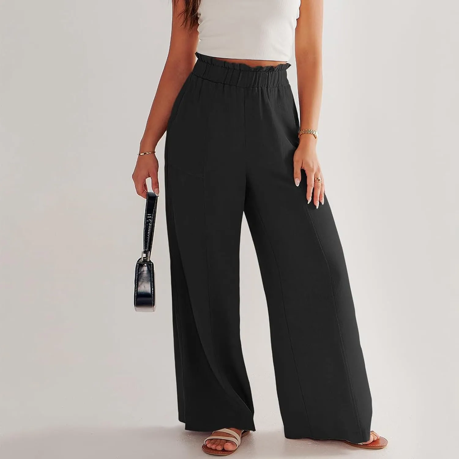 eoeioa Linen Lounge Pants Women Baggy Elastic High Waisted Wide Leg Pants Summer Vacation Casual Beach Pant with Pockets