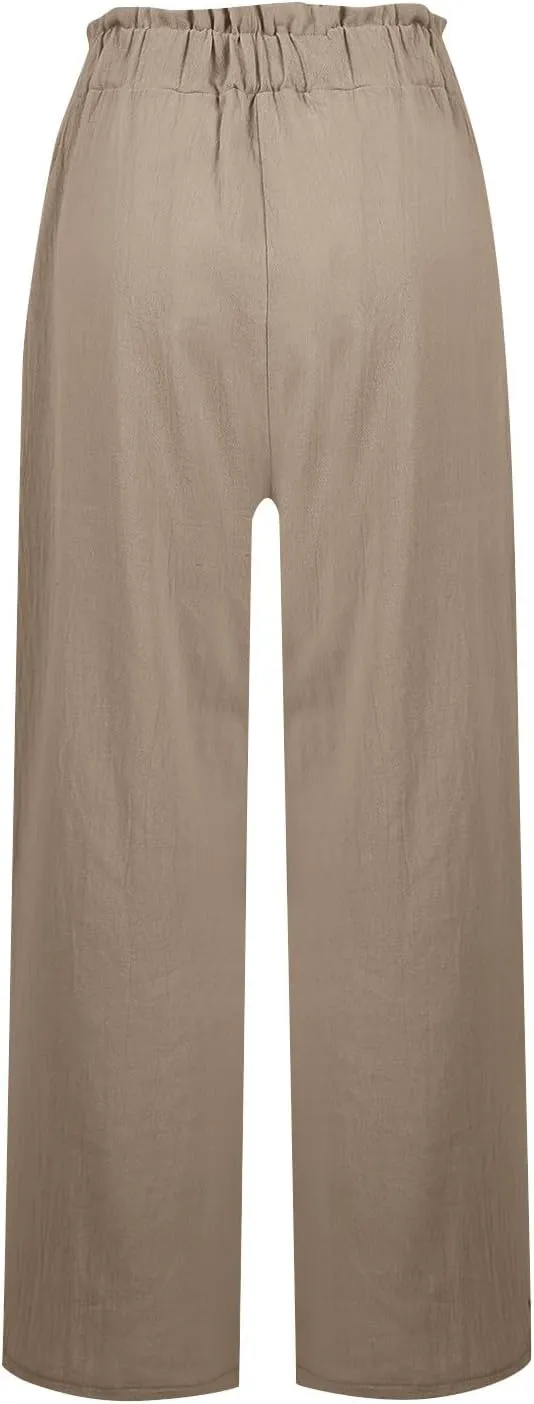 eoeioa Linen Lounge Pants Women Baggy Elastic High Waisted Wide Leg Pants Summer Vacation Casual Beach Pant with Pockets