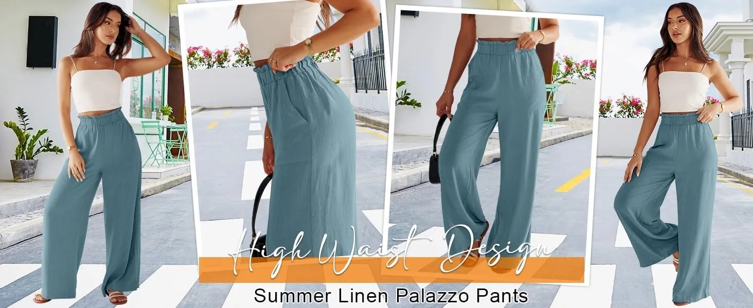 eoeioa Linen Lounge Pants Women Baggy Elastic High Waisted Wide Leg Pants Summer Vacation Casual Beach Pant with Pockets