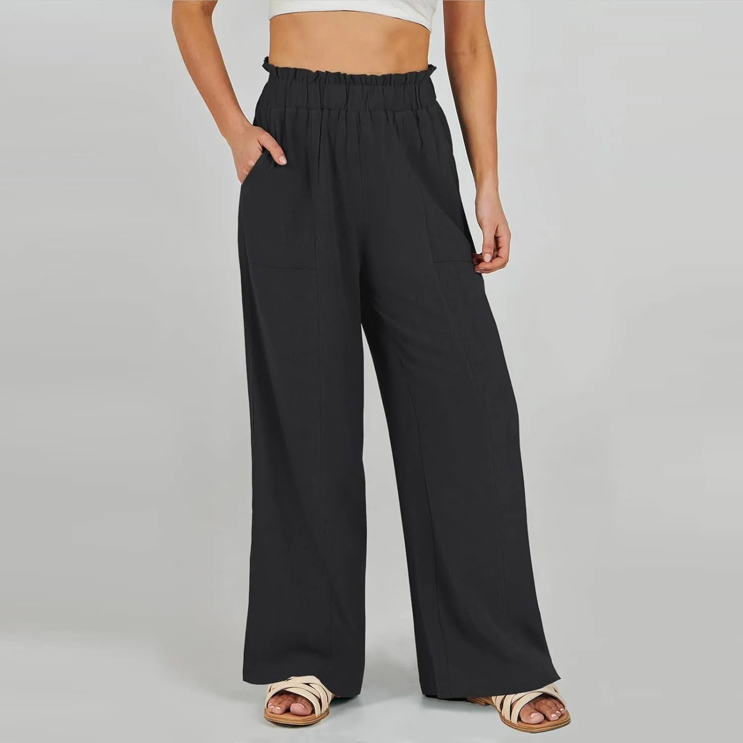 eoeioa Linen Lounge Pants Women Baggy Elastic High Waisted Wide Leg Pants Summer Vacation Casual Beach Pant with Pockets