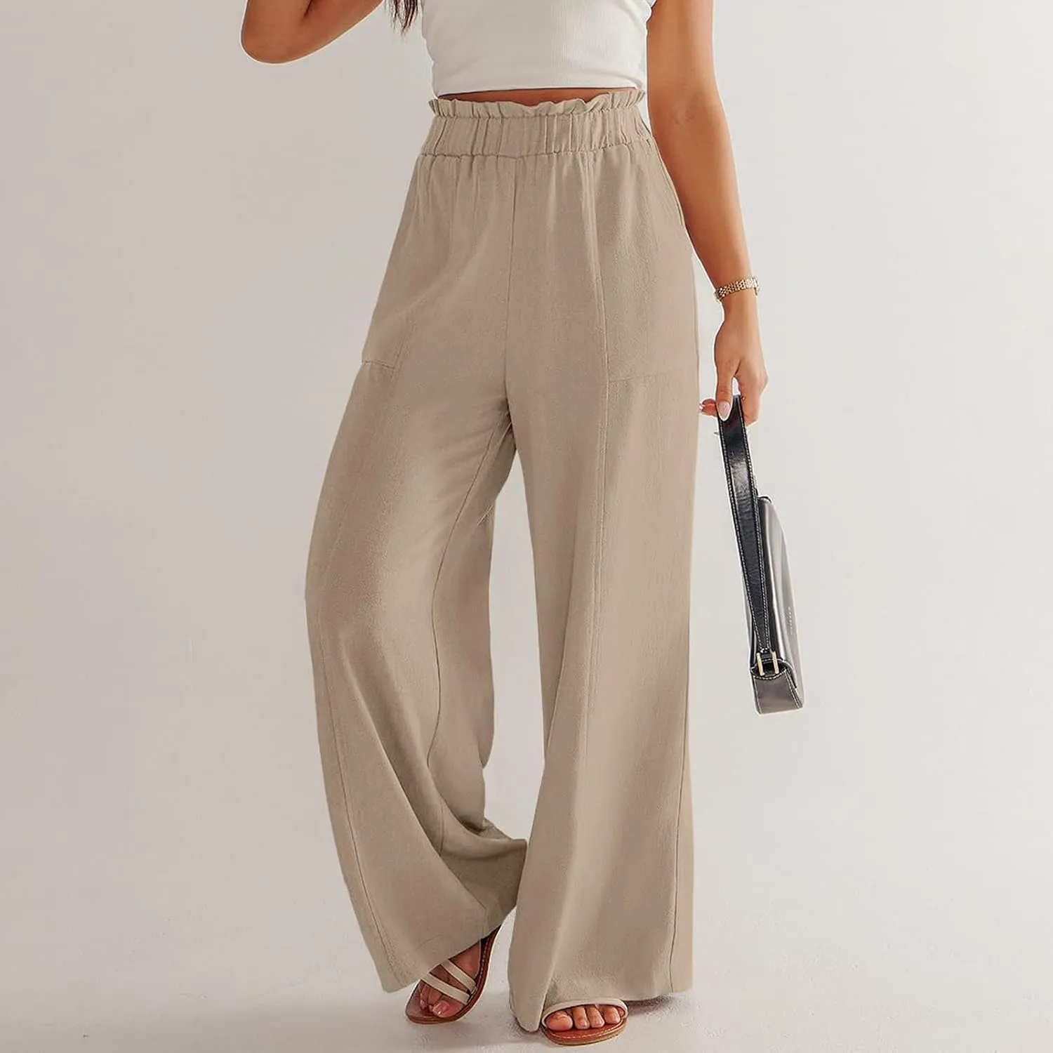 eoeioa Linen Lounge Pants Women Baggy Elastic High Waisted Wide Leg Pants Summer Vacation Casual Beach Pant with Pockets