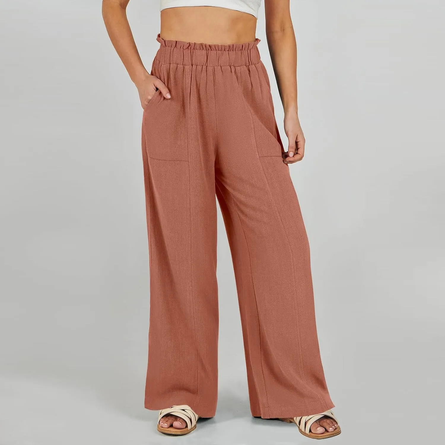 eoeioa Linen Lounge Pants Women Baggy Elastic High Waisted Wide Leg Pants Summer Vacation Casual Beach Pant with Pockets